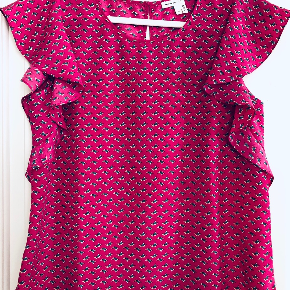 Anthropology hot pink short-sleeve Ruffled blouse